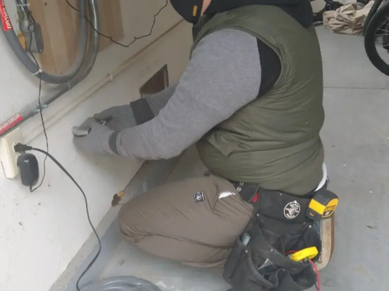 Electrician performing outlet wiring in a Lawrenceville garage